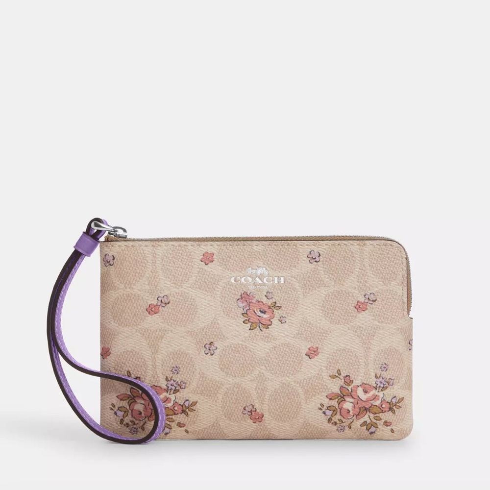 NWT Coach! Corner Zip Wristlet In Signature Canvas With Floral Print